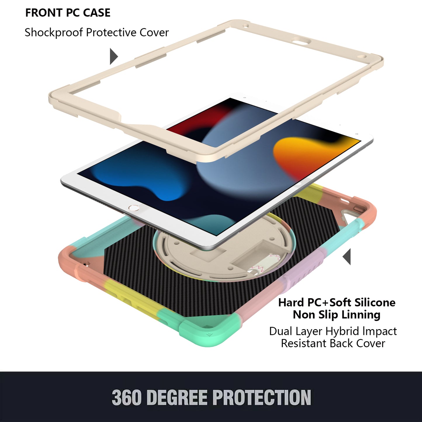 For iPad 10.2 (2021) / (2019) / (2020) / Air 10.5 inch (2019) Shockproof Case Rotating Kickstand Silicone+PC Tablet Cover with Shoulder Strap
