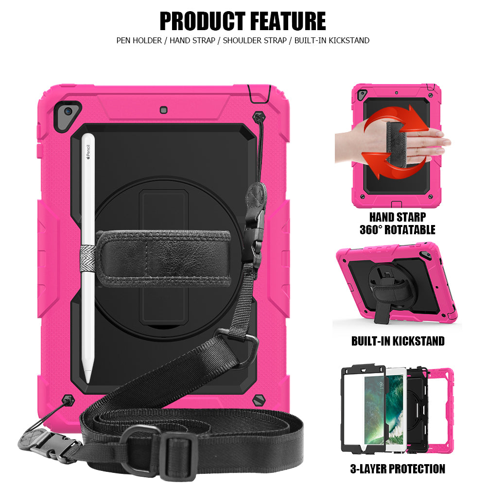 For iPad 9.7-inch (2018)/(2017)/Air 2/iPad Pro 9.7 inch (2016) 360° Swivel Handy Strap Kickstand Tablet Case PC Silicone Cover with Shoulder Strap