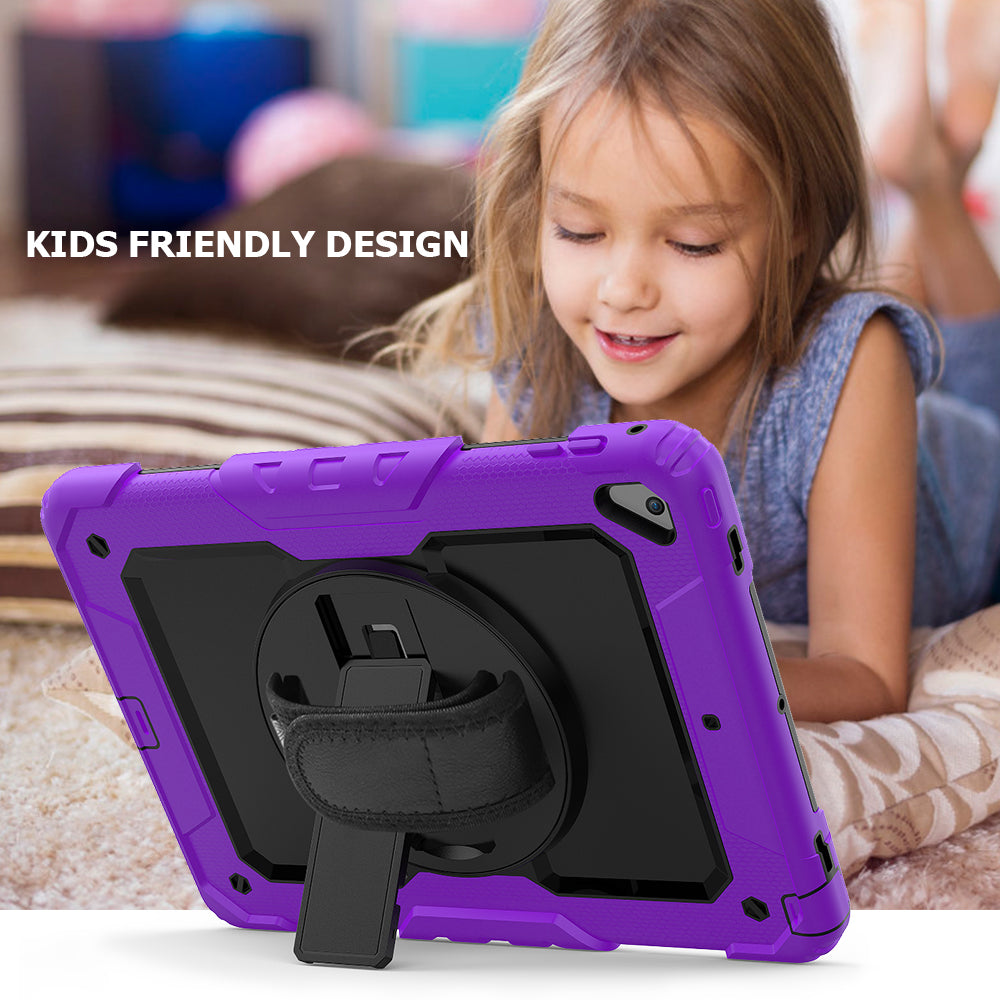 For iPad 9.7-inch (2018)/(2017)/Air 2/iPad Pro 9.7 inch (2016) 360° Swivel Handy Strap Kickstand Tablet Case PC Silicone Cover with Shoulder Strap