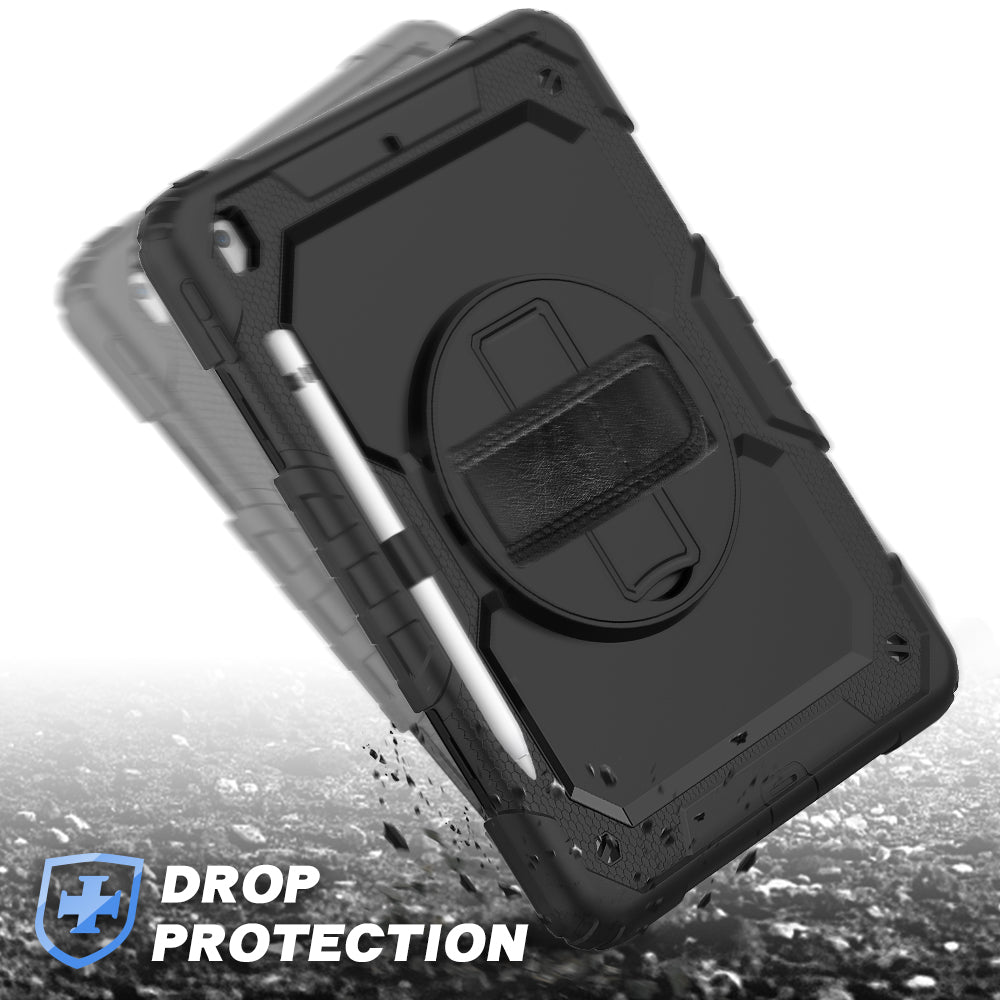 For iPad 10.2 (2020)/(2019) 360° Swivel Kickstand PC + Silicone Tablet Case Hand Strap Protective Cover with Shoulder Strap