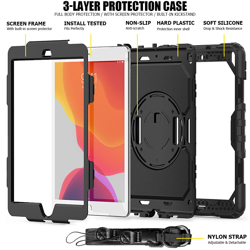 For iPad 10.2 (2020)/(2019) 360° Swivel Kickstand PC + Silicone Tablet Case Hand Strap Protective Cover with Shoulder Strap