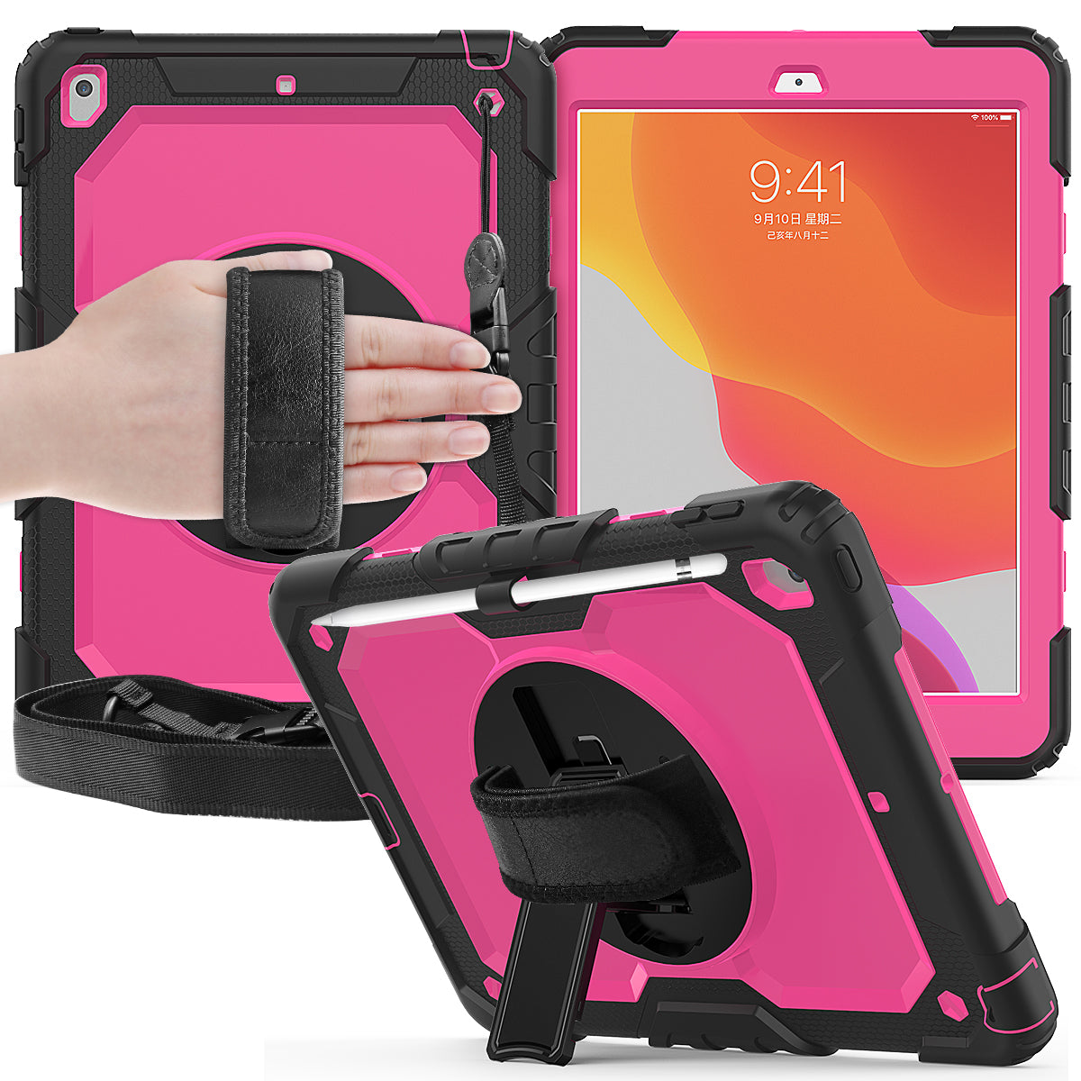 For iPad 10.2 (2020)/(2019) 360° Swivel Kickstand PC + Silicone Tablet Case Hand Strap Protective Cover with Shoulder Strap