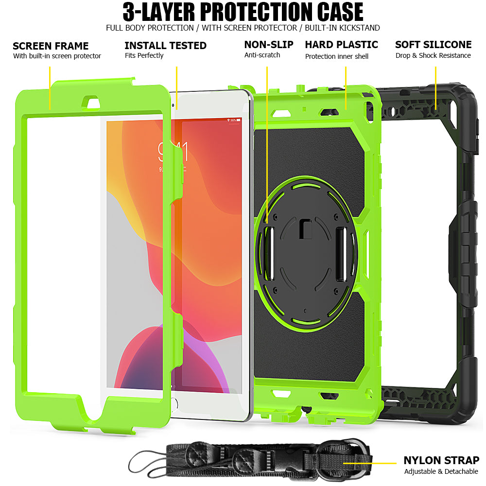 For iPad 10.2 (2020)/(2019) 360° Swivel Kickstand PC + Silicone Tablet Case Hand Strap Protective Cover with Shoulder Strap