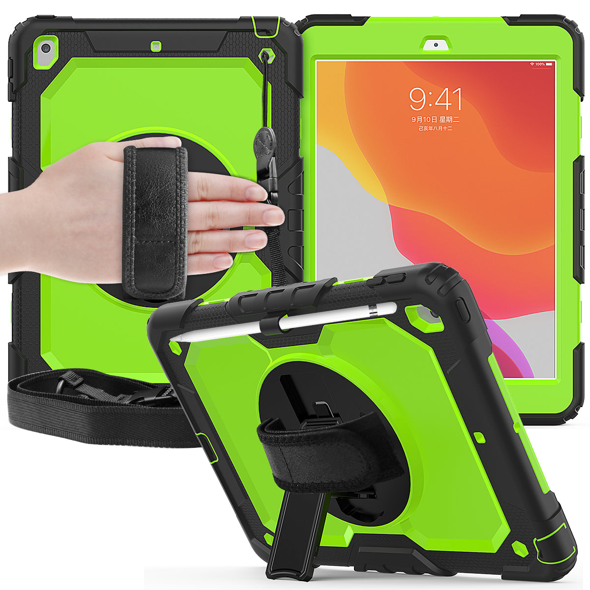 For iPad 10.2 (2020)/(2019) 360° Swivel Kickstand PC + Silicone Tablet Case Hand Strap Protective Cover with Shoulder Strap