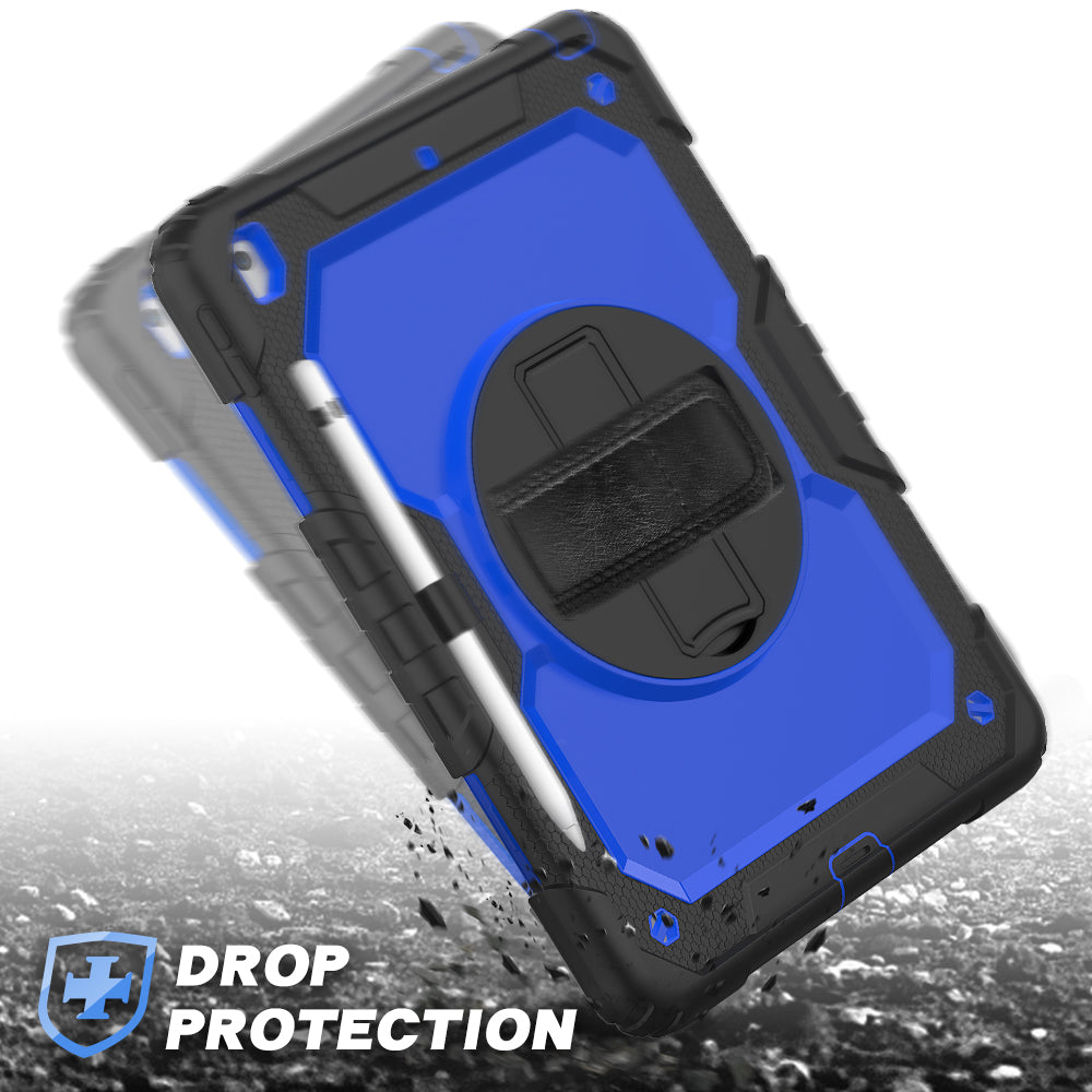 For iPad 10.2 (2020)/(2019) 360° Swivel Kickstand PC + Silicone Tablet Case Hand Strap Protective Cover with Shoulder Strap