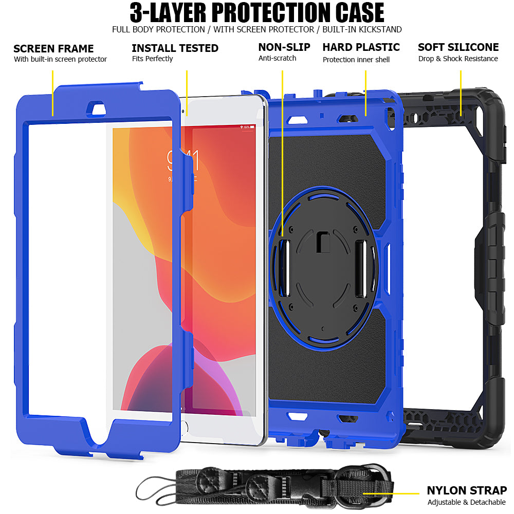 For iPad 10.2 (2020)/(2019) 360° Swivel Kickstand PC + Silicone Tablet Case Hand Strap Protective Cover with Shoulder Strap