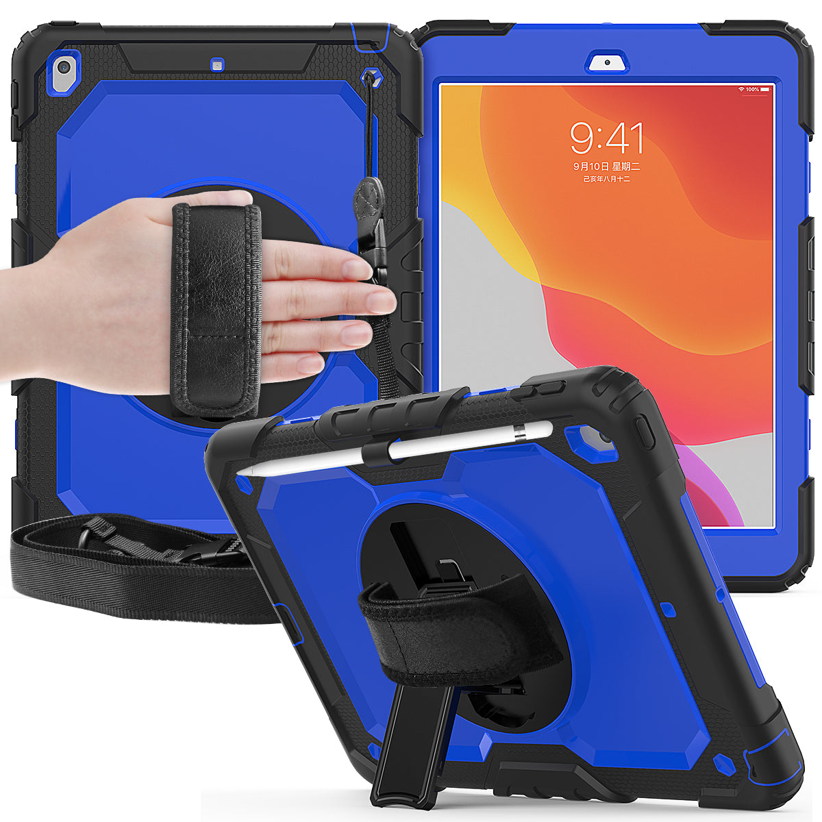 For iPad 10.2 (2020)/(2019) 360° Swivel Kickstand PC + Silicone Tablet Case Hand Strap Protective Cover with Shoulder Strap