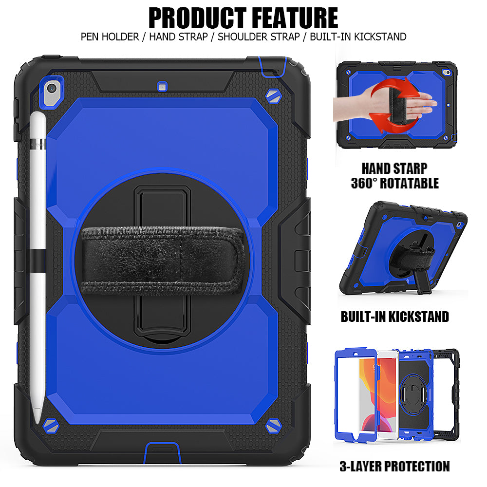 For iPad 10.2 (2020)/(2019) 360° Swivel Kickstand PC + Silicone Tablet Case Hand Strap Protective Cover with Shoulder Strap
