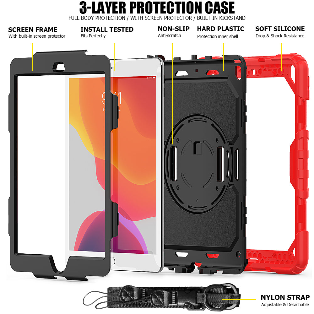 For iPad 10.2 (2020)/(2019) 360° Swivel Kickstand PC + Silicone Tablet Case Hand Strap Protective Cover with Shoulder Strap
