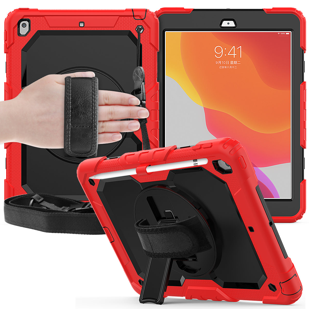 For iPad 10.2 (2020)/(2019) 360° Swivel Kickstand PC + Silicone Tablet Case Hand Strap Protective Cover with Shoulder Strap