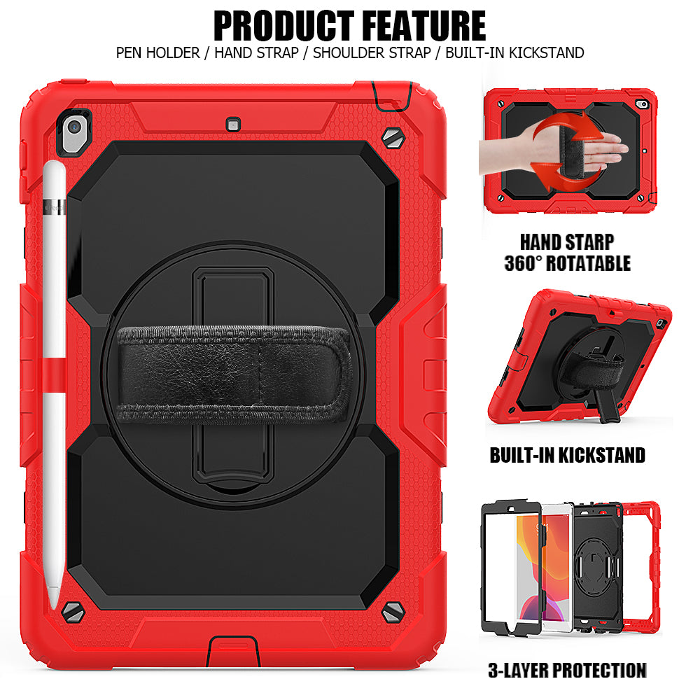 For iPad 10.2 (2020)/(2019) 360° Swivel Kickstand PC + Silicone Tablet Case Hand Strap Protective Cover with Shoulder Strap