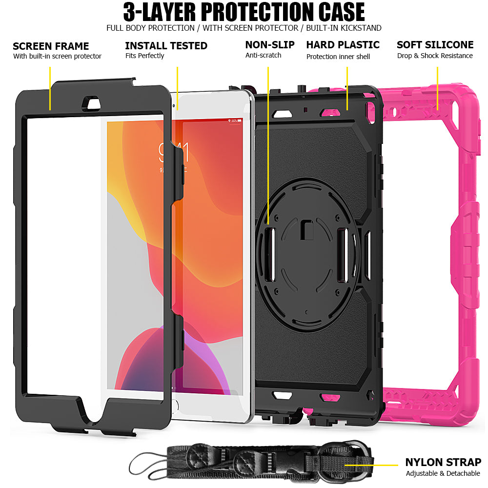 For iPad 10.2 (2020)/(2019) 360° Swivel Kickstand PC + Silicone Tablet Case Hand Strap Protective Cover with Shoulder Strap