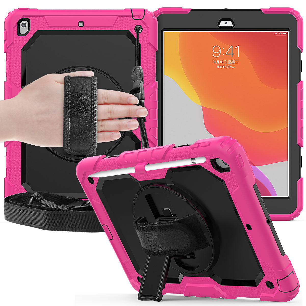 For iPad 10.2 (2020)/(2019) 360° Swivel Kickstand PC + Silicone Tablet Case Hand Strap Protective Cover with Shoulder Strap