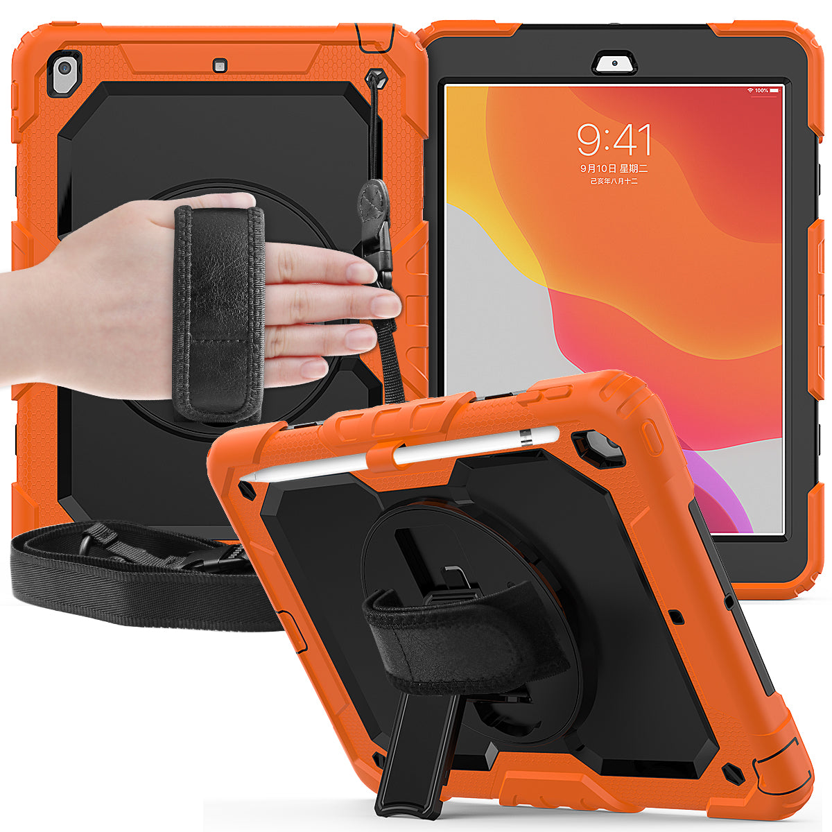 For iPad 10.2 (2020)/(2019) 360° Swivel Kickstand PC + Silicone Tablet Case Hand Strap Protective Cover with Shoulder Strap