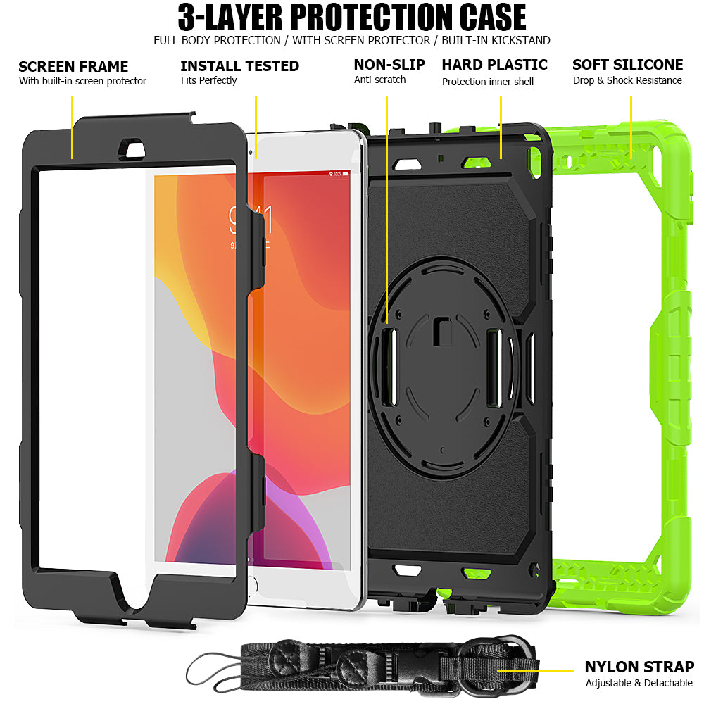 For iPad 10.2 (2020)/(2019) 360° Swivel Kickstand PC + Silicone Tablet Case Hand Strap Protective Cover with Shoulder Strap