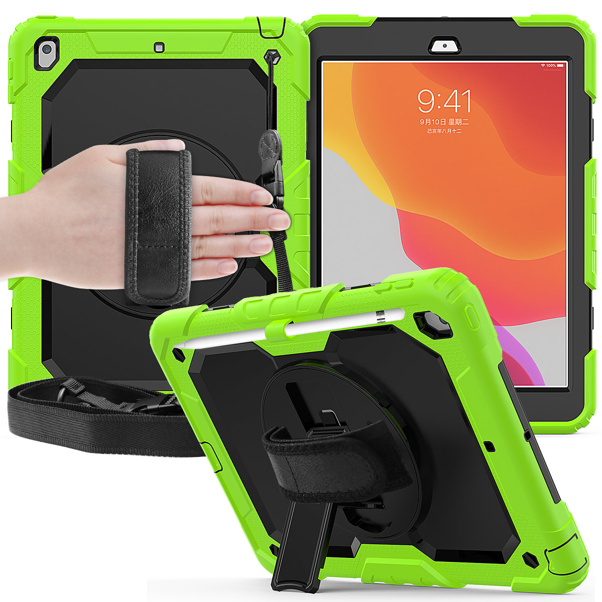 For iPad 10.2 (2020)/(2019) 360° Swivel Kickstand PC + Silicone Tablet Case Hand Strap Protective Cover with Shoulder Strap