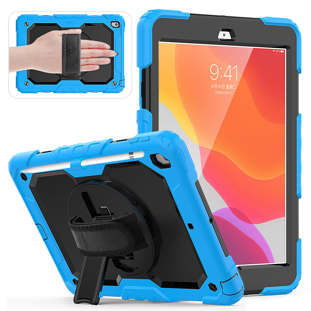 For iPad 10.2 (2020)/(2019) 360° Swivel Kickstand PC + Silicone Tablet Case Hand Strap Protective Cover with Shoulder Strap