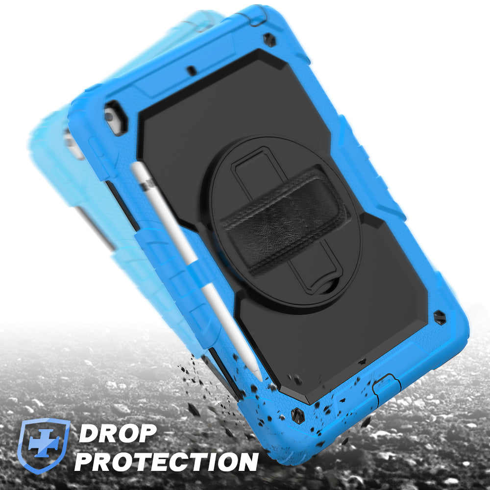For iPad 10.2 (2020)/(2019) 360° Swivel Kickstand PC + Silicone Tablet Case Hand Strap Protective Cover with Shoulder Strap