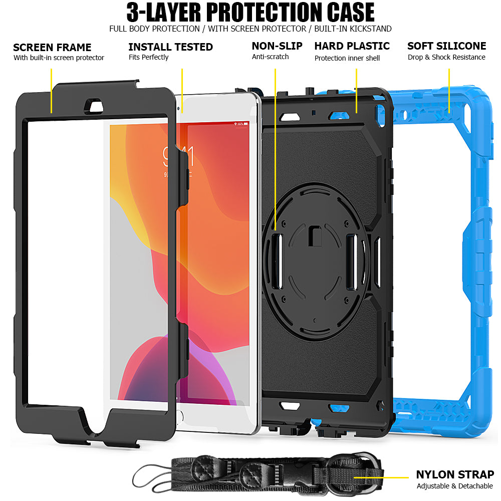 For iPad 10.2 (2020)/(2019) 360° Swivel Kickstand PC + Silicone Tablet Case Hand Strap Protective Cover with Shoulder Strap
