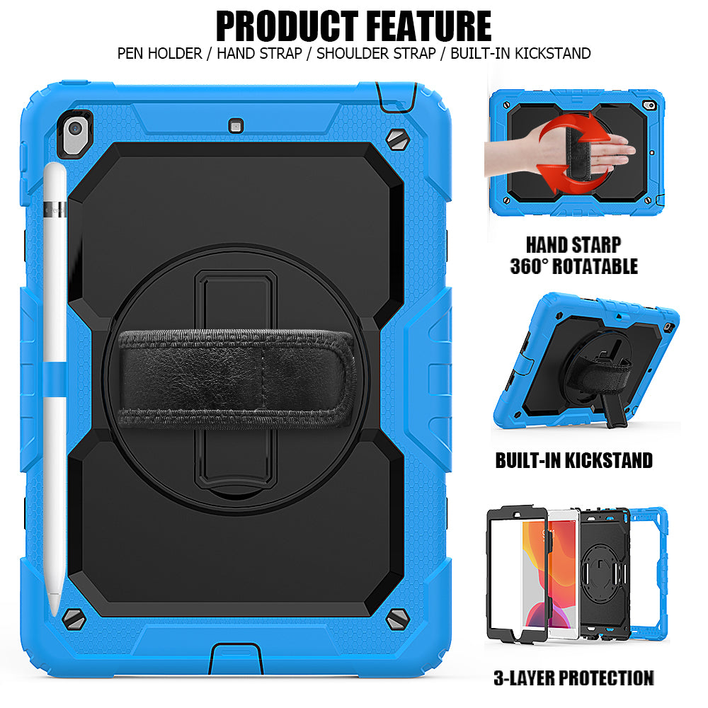 For iPad 10.2 (2020)/(2019) 360° Swivel Kickstand PC + Silicone Tablet Case Hand Strap Protective Cover with Shoulder Strap