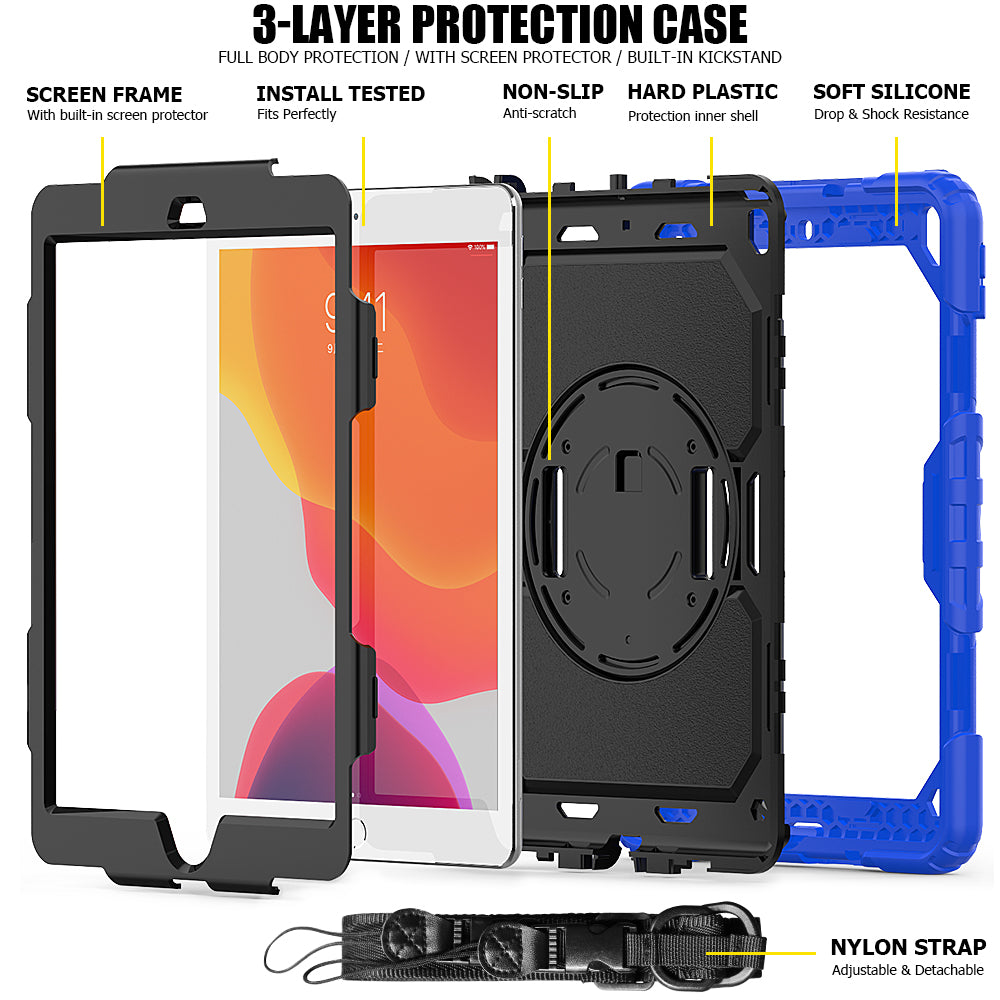 For iPad 10.2 (2020)/(2019) 360° Swivel Kickstand PC + Silicone Tablet Case Hand Strap Protective Cover with Shoulder Strap