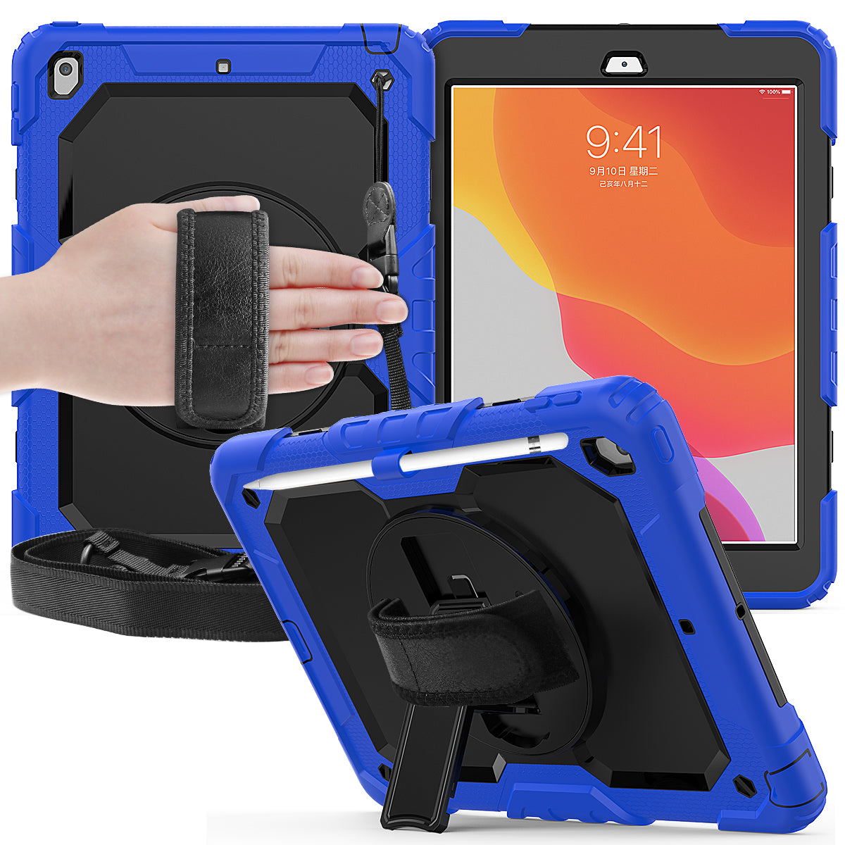 For iPad 10.2 (2020)/(2019) 360° Swivel Kickstand PC + Silicone Tablet Case Hand Strap Protective Cover with Shoulder Strap