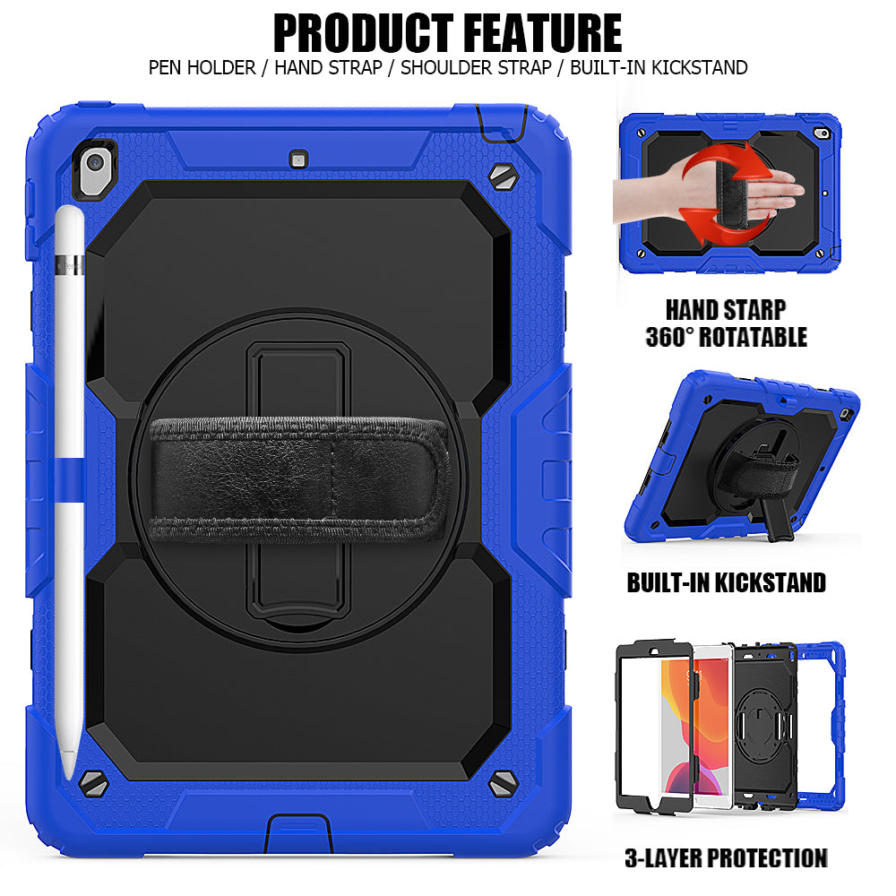 For iPad 10.2 (2020)/(2019) 360° Swivel Kickstand PC + Silicone Tablet Case Hand Strap Protective Cover with Shoulder Strap