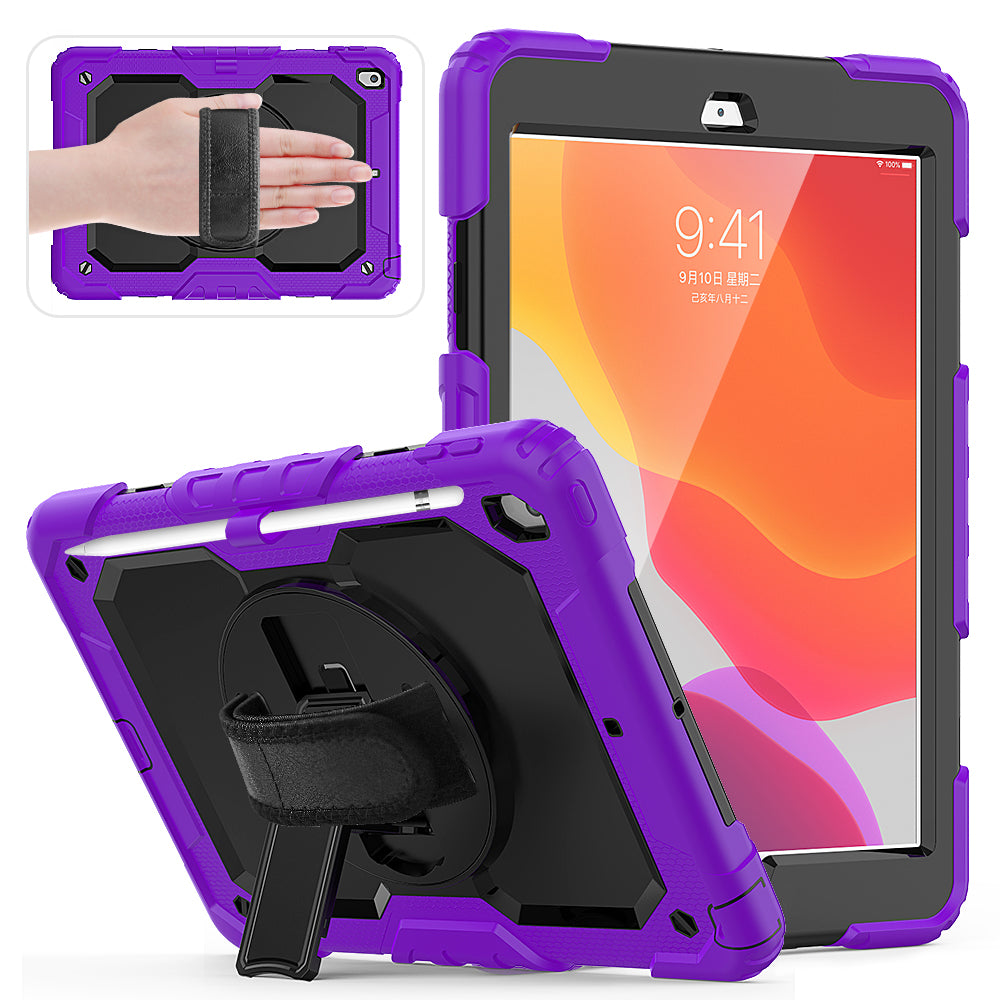 For iPad 10.2 (2020)/(2019) 360° Swivel Kickstand PC + Silicone Tablet Case Hand Strap Protective Cover with Shoulder Strap