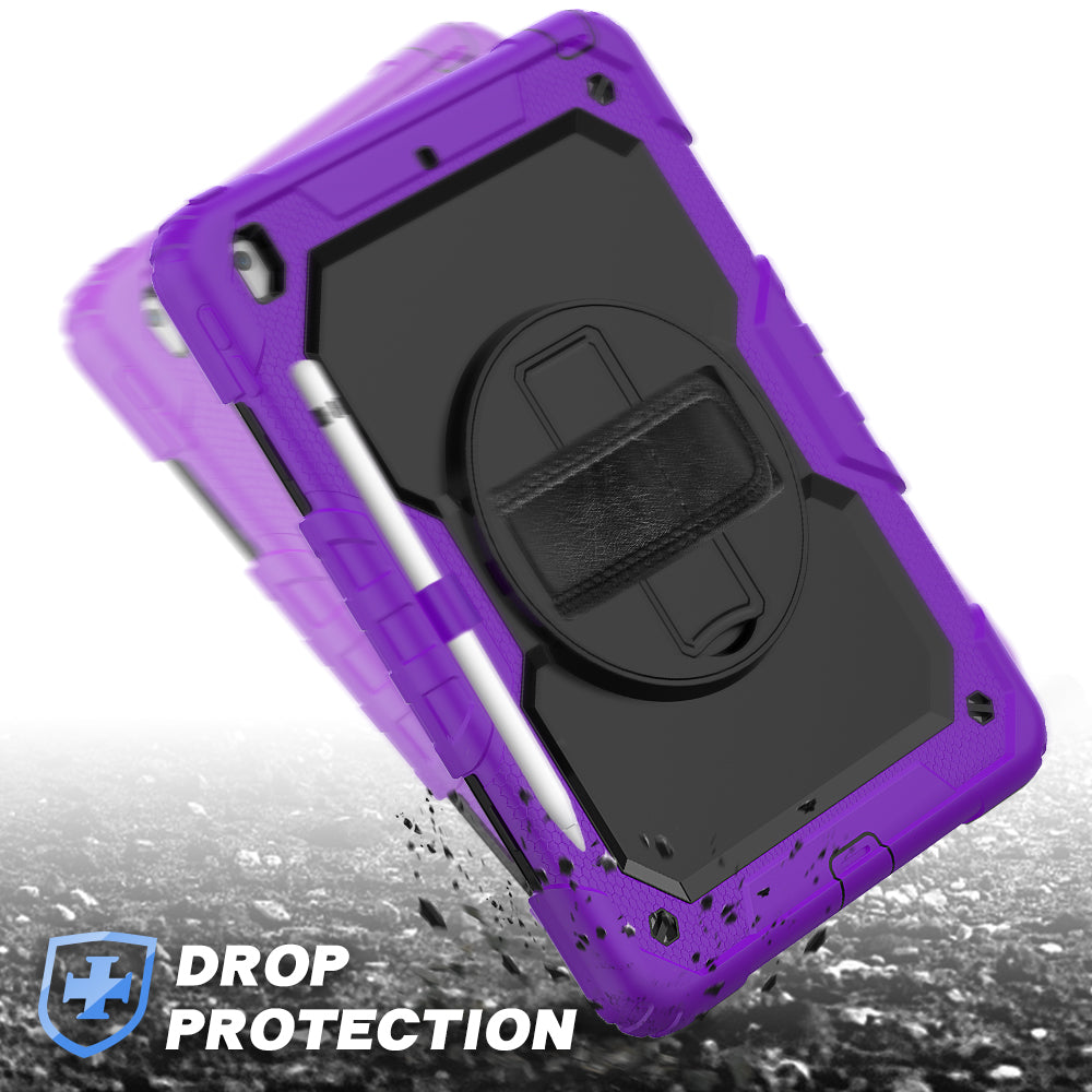 For iPad 10.2 (2020)/(2019) 360° Swivel Kickstand PC + Silicone Tablet Case Hand Strap Protective Cover with Shoulder Strap