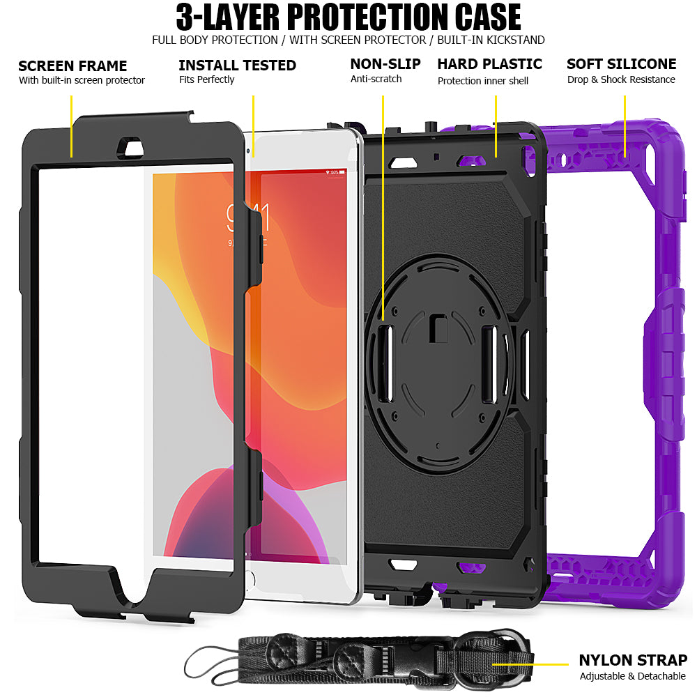 For iPad 10.2 (2020)/(2019) 360° Swivel Kickstand PC + Silicone Tablet Case Hand Strap Protective Cover with Shoulder Strap