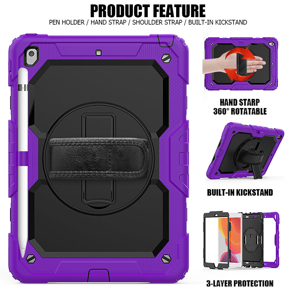 For iPad 10.2 (2020)/(2019) 360° Swivel Kickstand PC + Silicone Tablet Case Hand Strap Protective Cover with Shoulder Strap