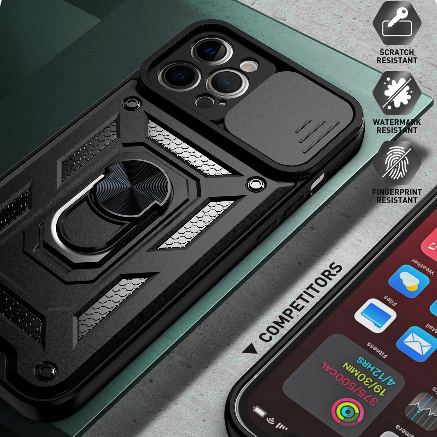 Camera Push Window Phone Case Cover with Kickstand Ring Holder for iPhone 12 Pro Max