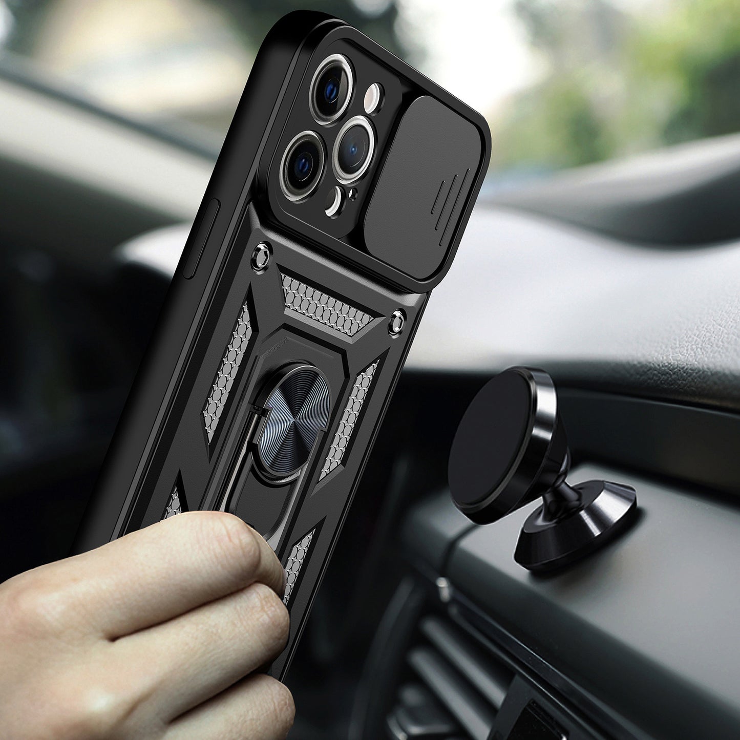 Camera Push Window Phone Case Cover with Kickstand Ring Holder for iPhone 12 Pro Max