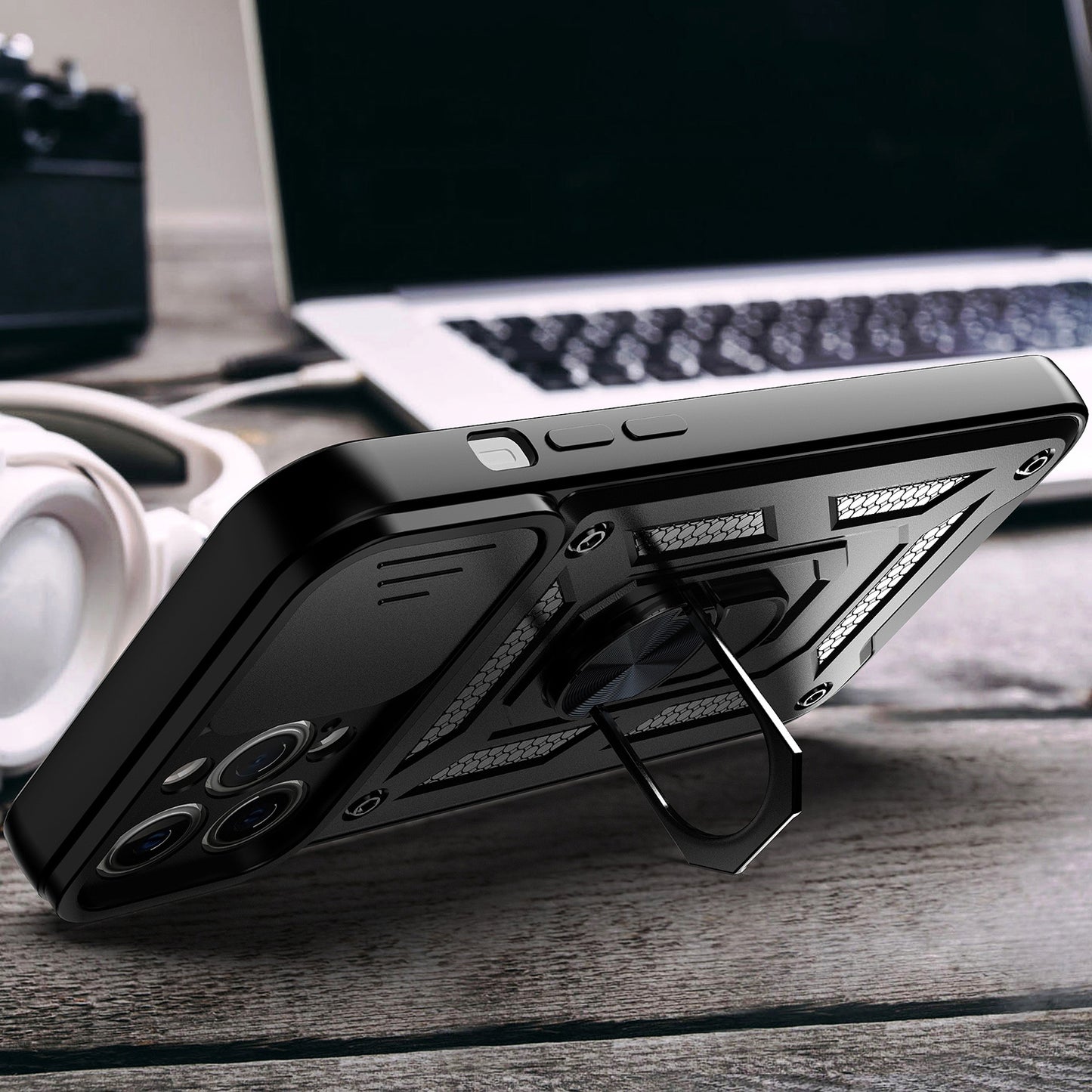 Camera Push Window Phone Case Cover with Kickstand Ring Holder for iPhone 12 Pro Max