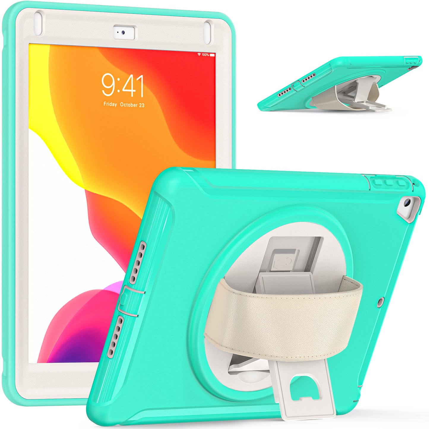 For iPad 9.7-inch (2017)/(2018)/iPad Pro 9.7-inch (2016)/iPad Air (2013)/Air 2 PC + Silicone Case Rotary Kickstand Tablet Protective Cover with Hand Strap