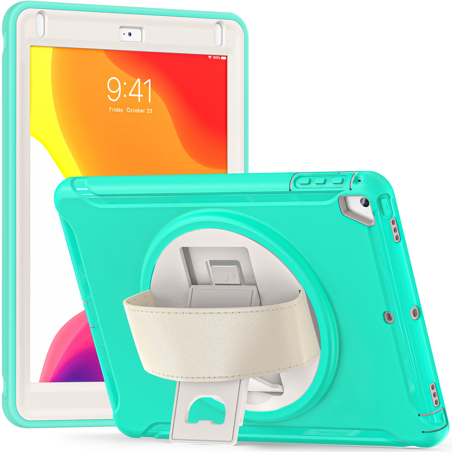For iPad 9.7-inch (2017)/(2018)/iPad Pro 9.7-inch (2016)/iPad Air (2013)/Air 2 PC + Silicone Case Rotary Kickstand Tablet Protective Cover with Hand Strap
