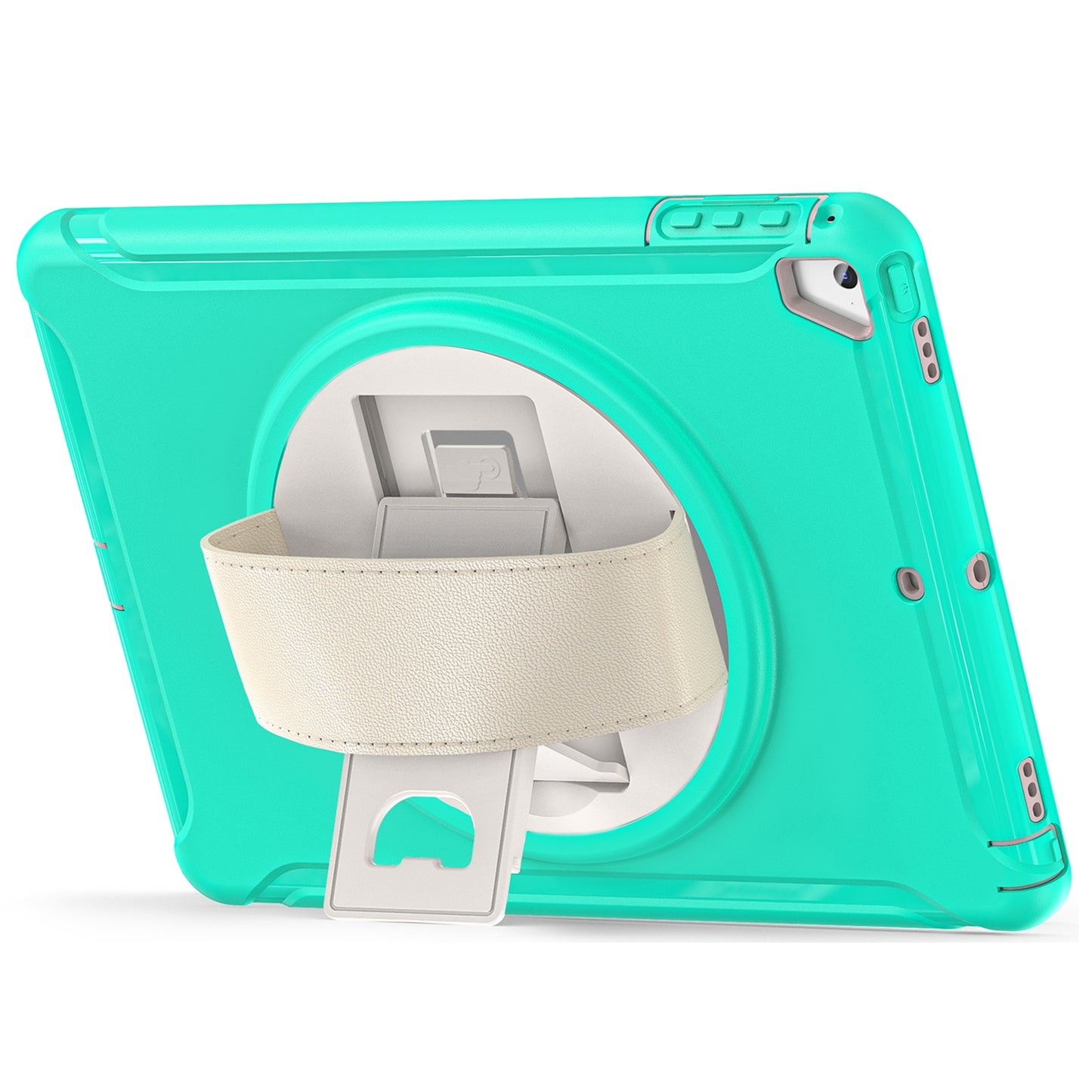 For iPad 9.7-inch (2017)/(2018)/iPad Pro 9.7-inch (2016)/iPad Air (2013)/Air 2 PC + Silicone Case Rotary Kickstand Tablet Protective Cover with Hand Strap