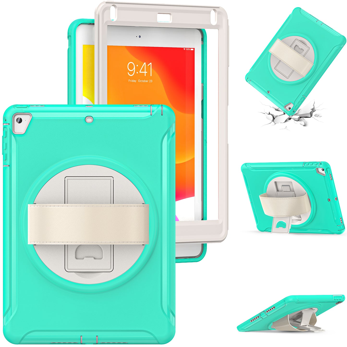 For iPad 9.7-inch (2017)/(2018)/iPad Pro 9.7-inch (2016)/iPad Air (2013)/Air 2 PC + Silicone Case Rotary Kickstand Tablet Protective Cover with Hand Strap