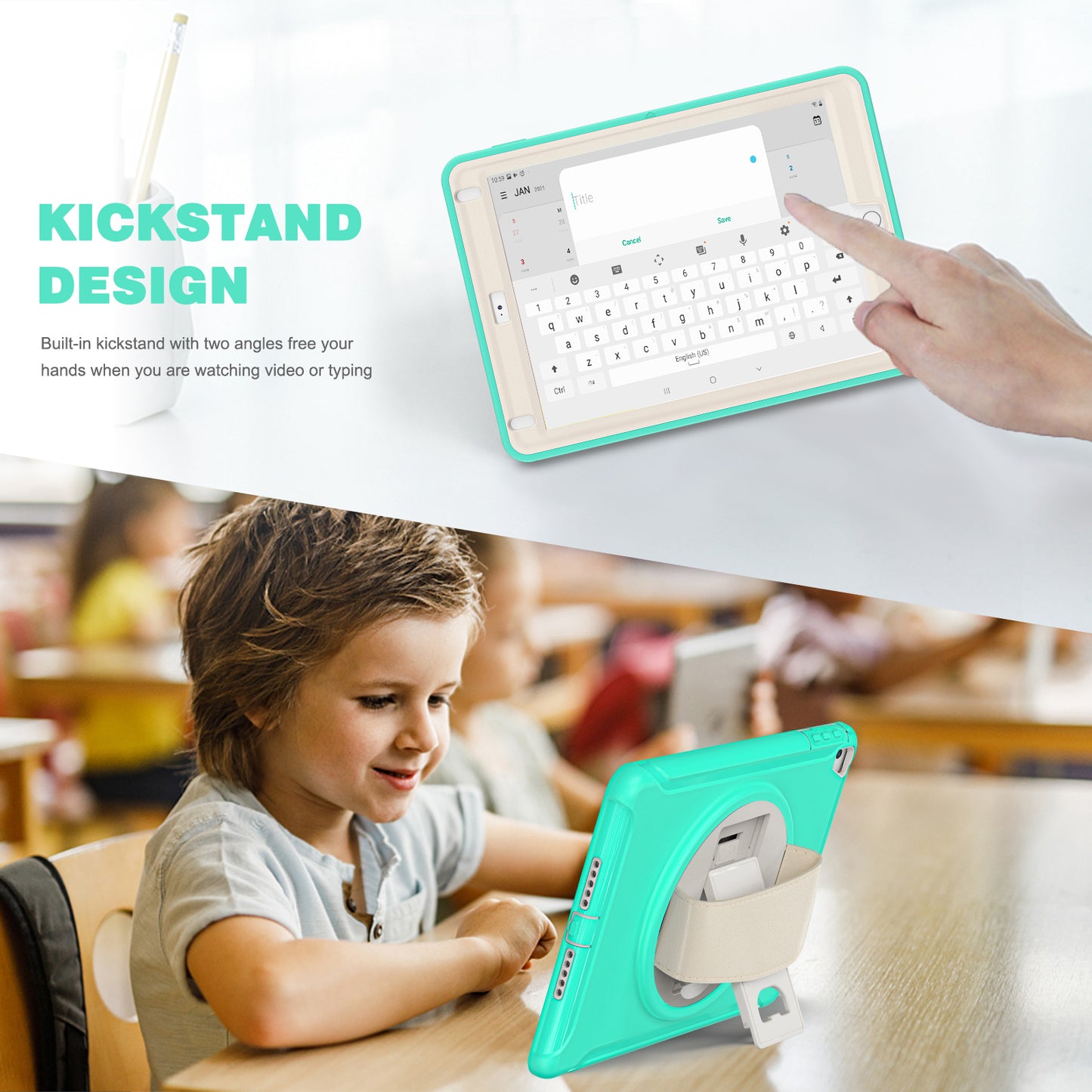 For iPad 9.7-inch (2017)/(2018)/iPad Pro 9.7-inch (2016)/iPad Air (2013)/Air 2 PC + Silicone Case Rotary Kickstand Tablet Protective Cover with Hand Strap