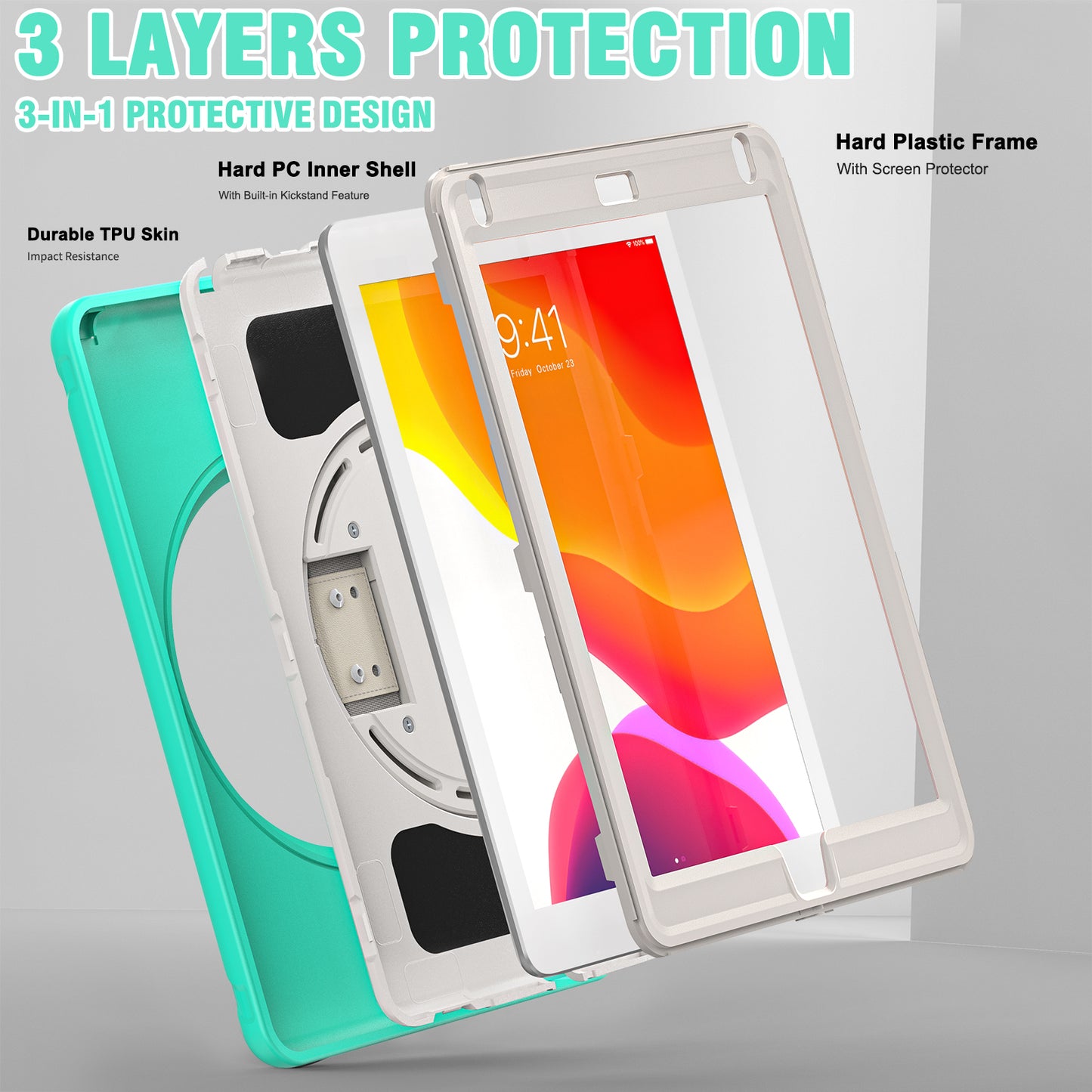 For iPad 9.7-inch (2017)/(2018)/iPad Pro 9.7-inch (2016)/iPad Air (2013)/Air 2 PC + Silicone Case Rotary Kickstand Tablet Protective Cover with Hand Strap