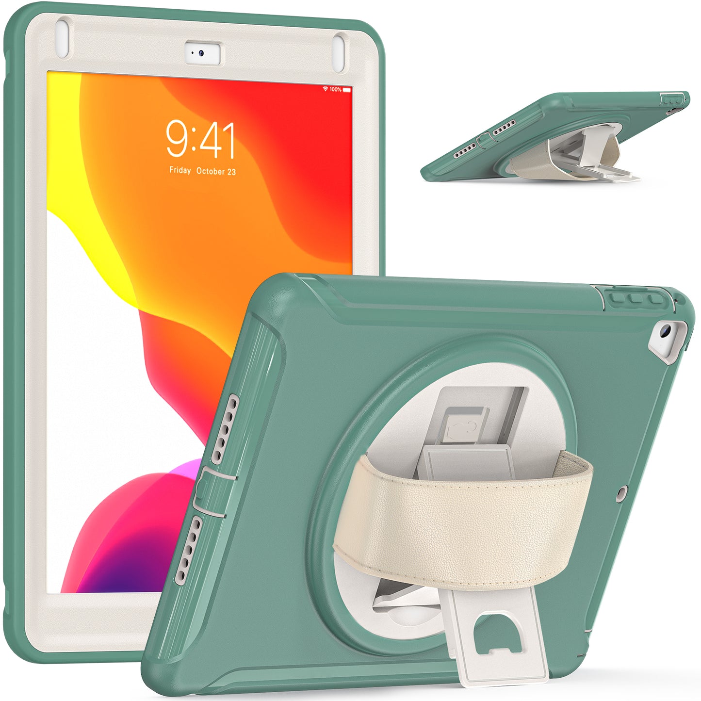 For iPad 9.7-inch (2017)/(2018)/iPad Pro 9.7-inch (2016)/iPad Air (2013)/Air 2 PC + Silicone Case Rotary Kickstand Tablet Protective Cover with Hand Strap