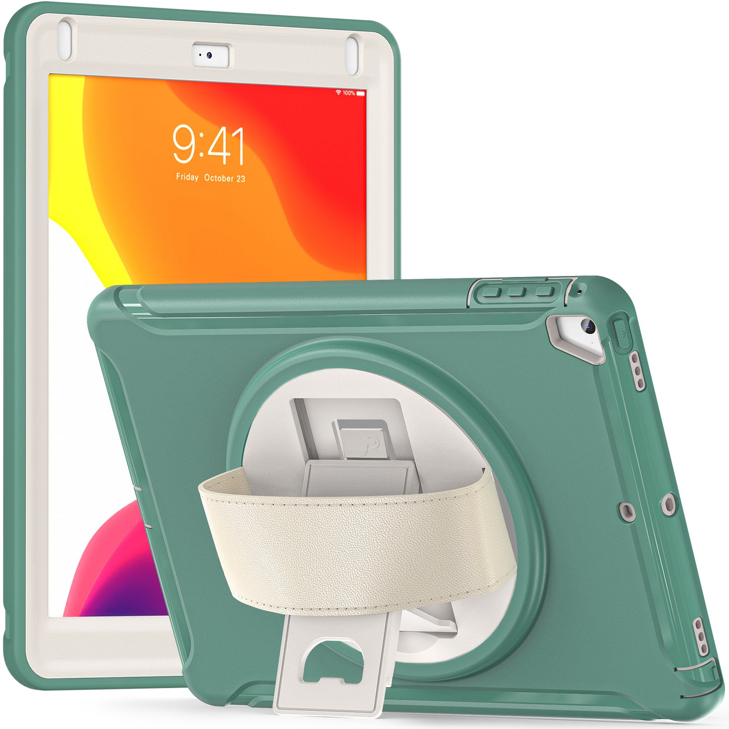 For iPad 9.7-inch (2017)/(2018)/iPad Pro 9.7-inch (2016)/iPad Air (2013)/Air 2 PC + Silicone Case Rotary Kickstand Tablet Protective Cover with Hand Strap