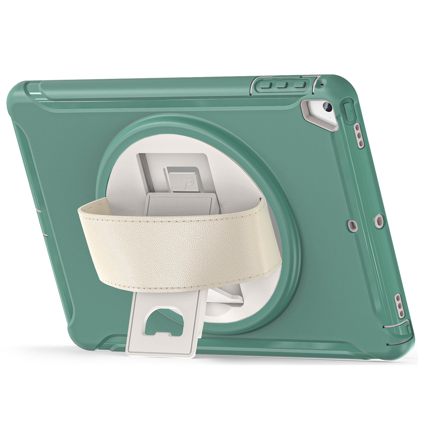 For iPad 9.7-inch (2017)/(2018)/iPad Pro 9.7-inch (2016)/iPad Air (2013)/Air 2 PC + Silicone Case Rotary Kickstand Tablet Protective Cover with Hand Strap