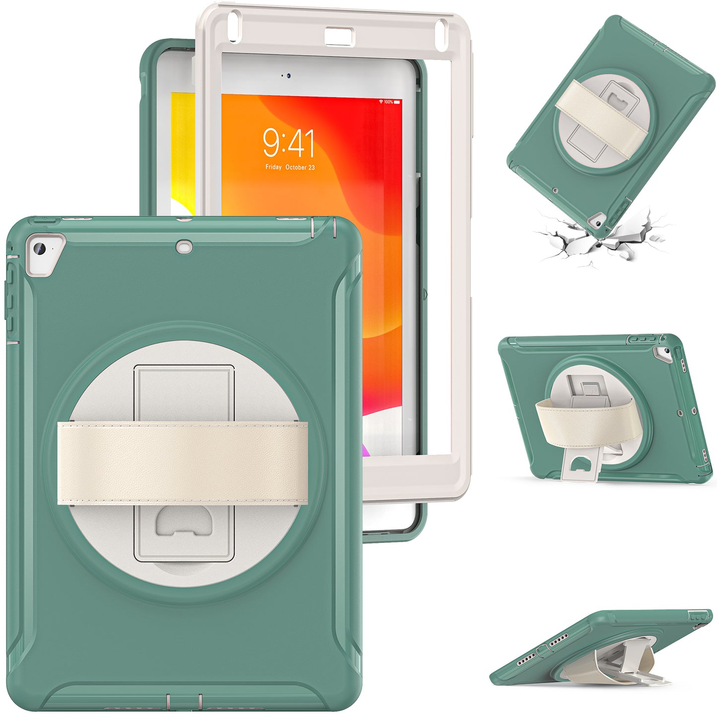 For iPad 9.7-inch (2017)/(2018)/iPad Pro 9.7-inch (2016)/iPad Air (2013)/Air 2 PC + Silicone Case Rotary Kickstand Tablet Protective Cover with Hand Strap