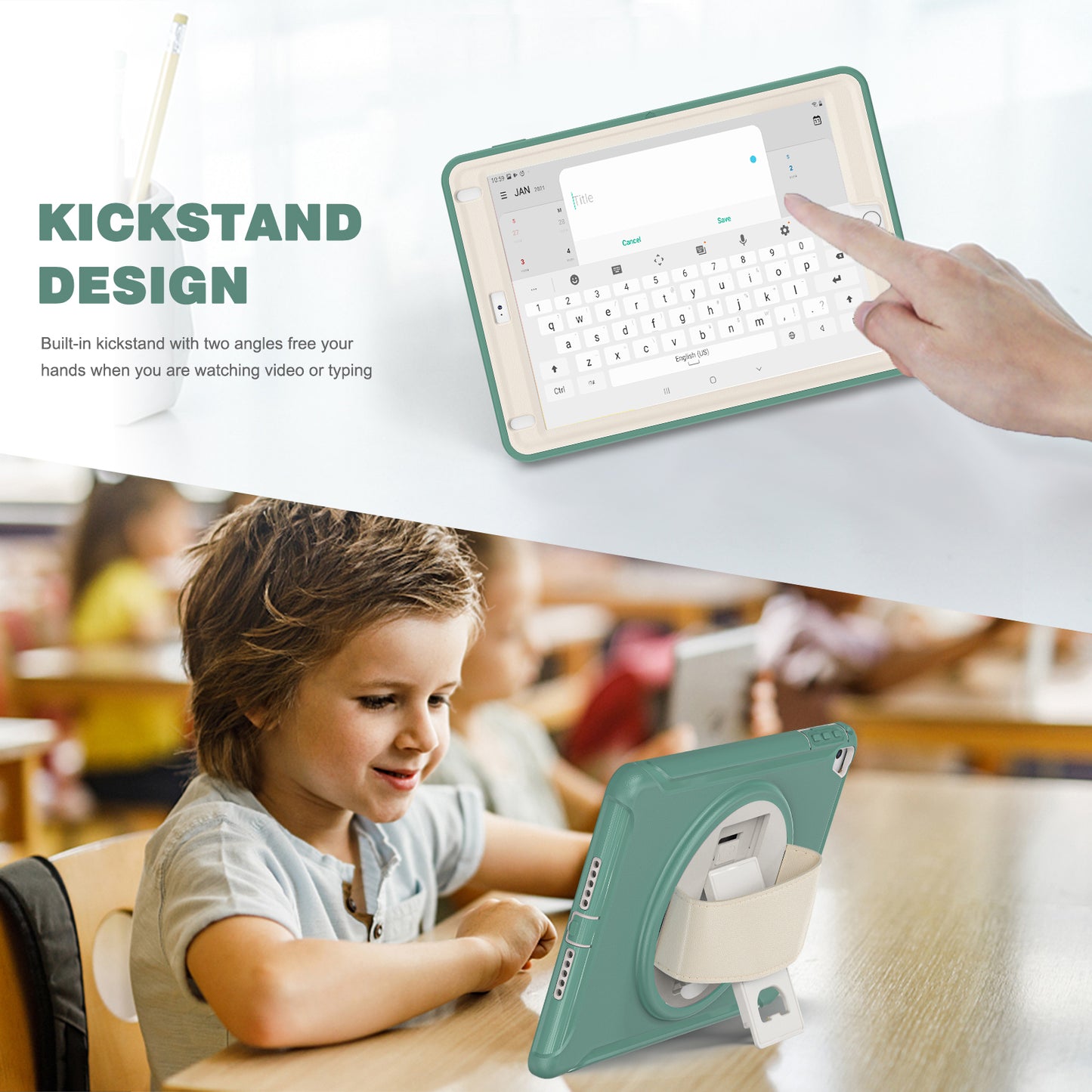 For iPad 9.7-inch (2017)/(2018)/iPad Pro 9.7-inch (2016)/iPad Air (2013)/Air 2 PC + Silicone Case Rotary Kickstand Tablet Protective Cover with Hand Strap