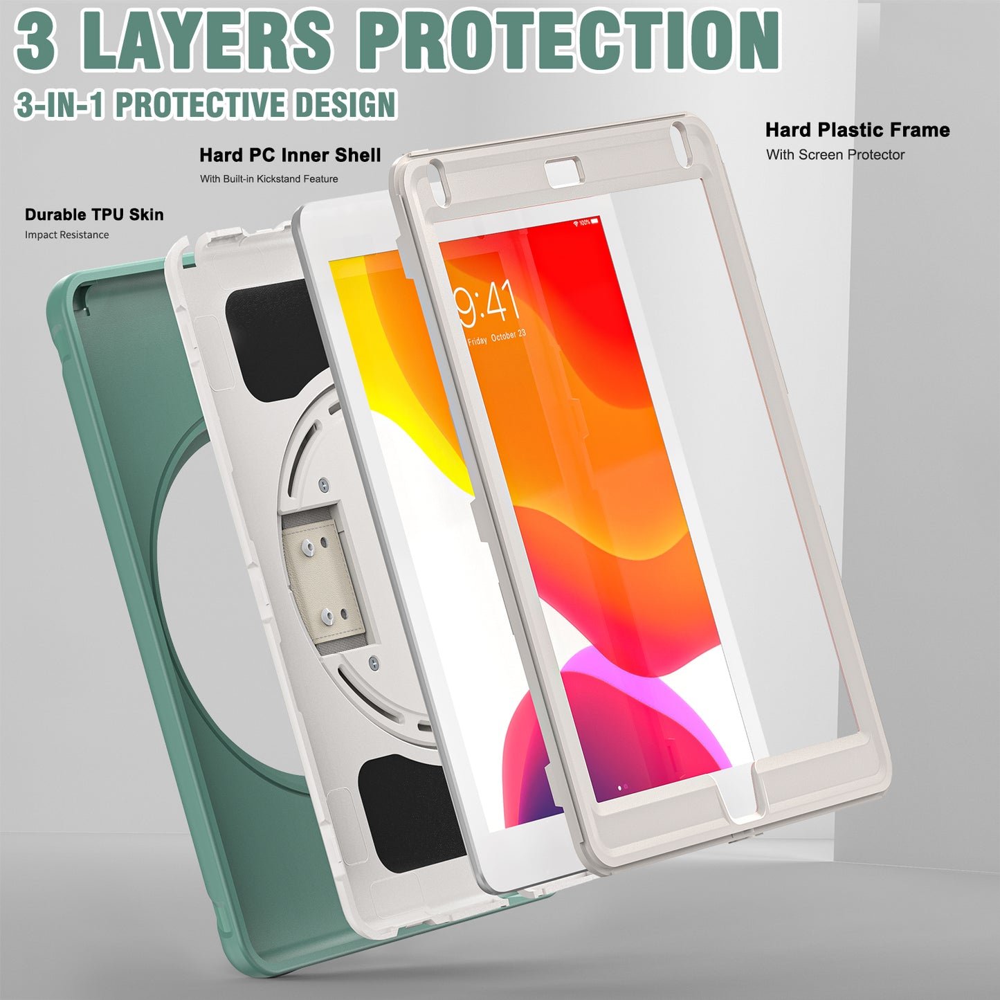 For iPad 9.7-inch (2017)/(2018)/iPad Pro 9.7-inch (2016)/iPad Air (2013)/Air 2 PC + Silicone Case Rotary Kickstand Tablet Protective Cover with Hand Strap