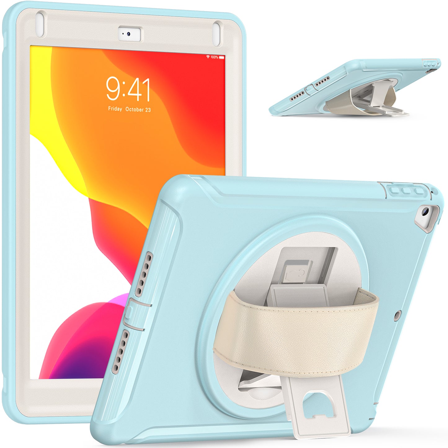 For iPad 9.7-inch (2017)/(2018)/iPad Pro 9.7-inch (2016)/iPad Air (2013)/Air 2 PC + Silicone Case Rotary Kickstand Tablet Protective Cover with Hand Strap