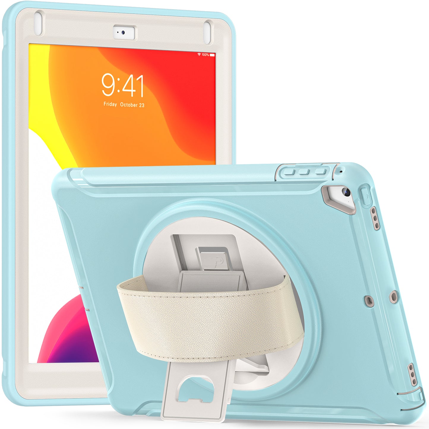 For iPad 9.7-inch (2017)/(2018)/iPad Pro 9.7-inch (2016)/iPad Air (2013)/Air 2 PC + Silicone Case Rotary Kickstand Tablet Protective Cover with Hand Strap