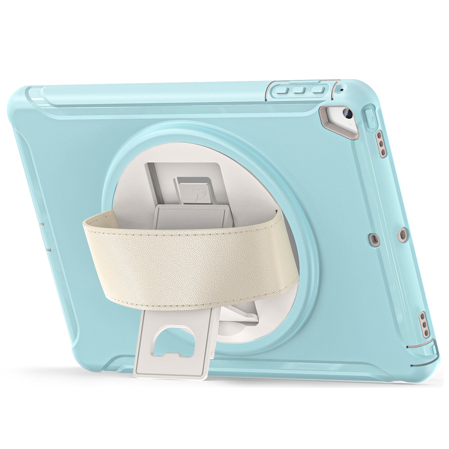 For iPad 9.7-inch (2017)/(2018)/iPad Pro 9.7-inch (2016)/iPad Air (2013)/Air 2 PC + Silicone Case Rotary Kickstand Tablet Protective Cover with Hand Strap