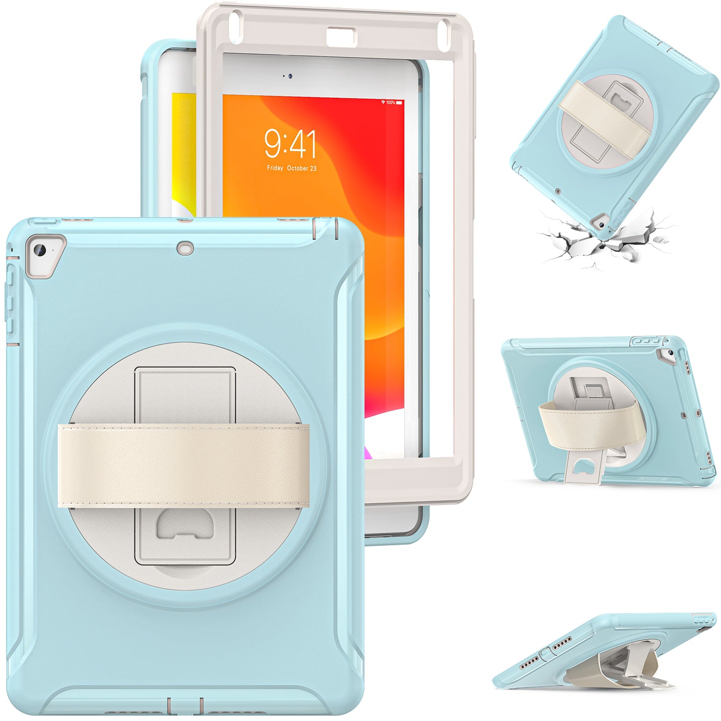 For iPad 9.7-inch (2017)/(2018)/iPad Pro 9.7-inch (2016)/iPad Air (2013)/Air 2 PC + Silicone Case Rotary Kickstand Tablet Protective Cover with Hand Strap